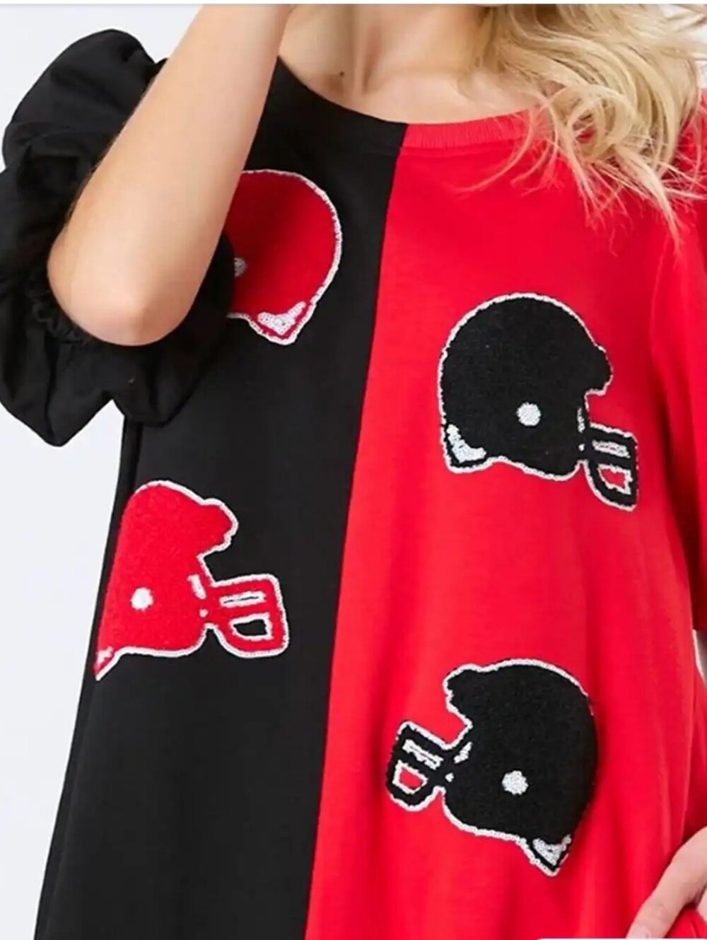 Peach Love Colorblock Red Black Puff Short Sleeve Football Helmet Mini Dress - Picture 4 of 11